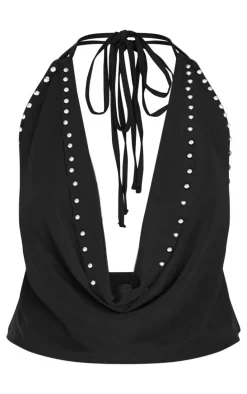 Black Rhinestone Studded Chiffon Long Top