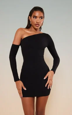 Black Rib Asymmetric Shoulder Bodycon Dress