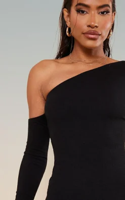 Black Rib Asymmetric Shoulder Bodycon Dress