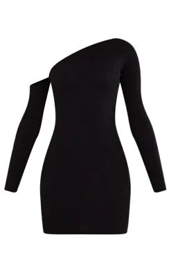 Black Rib Asymmetric Shoulder Bodycon Dress