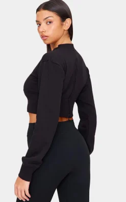 Black Rib Cinched Waist Detail Cropped Sweatshirt