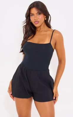 Black Rib Contrast Puff Short Romper