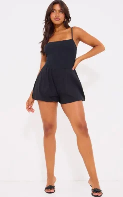 Black Rib Contrast Puff Short Romper