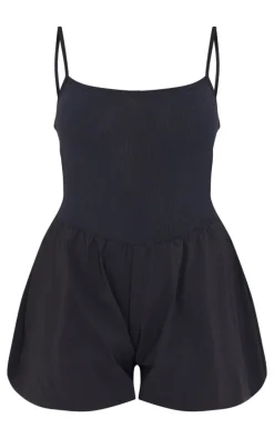 Black Rib Contrast Puff Short Romper