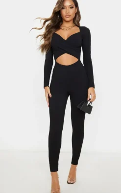 Black Rib Cross Over Long Sleeved Jumpsuit