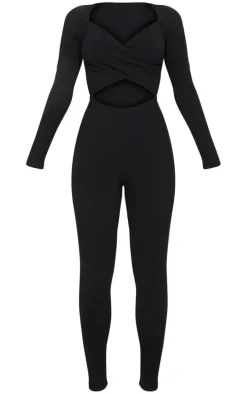 Black Rib Cross Over Long Sleeved Jumpsuit