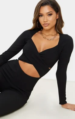 Black Rib Cross Over Long Sleeved Jumpsuit