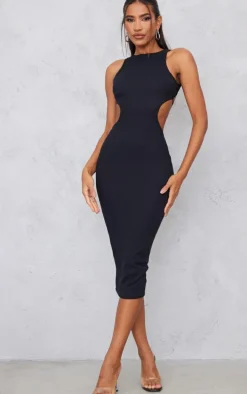 Black Rib Cut Out Side Midaxi Dress