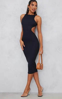Black Rib Cut Out Side Midaxi Dress
