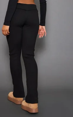 Black Rib Fold Over Waist Flared Pants