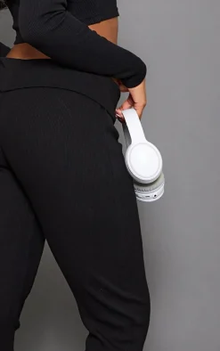 Black Rib Fold Over Waist Flared Pants