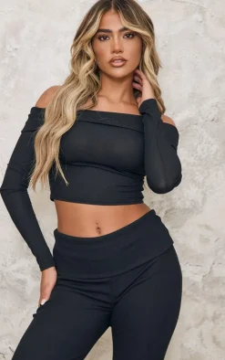 Black Rib Foldover Bardot Flute Sleeve Longline Top