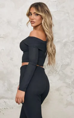Black Rib Foldover Bardot Flute Sleeve Longline Top