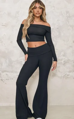 Black Rib Foldover Bardot Flute Sleeve Longline Top