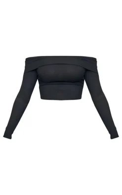 Black Rib Foldover Bardot Flute Sleeve Longline Top
