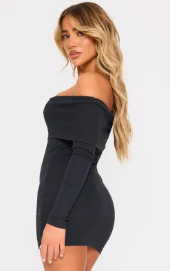 Black Rib Foldover Bardot Bodycon Dress