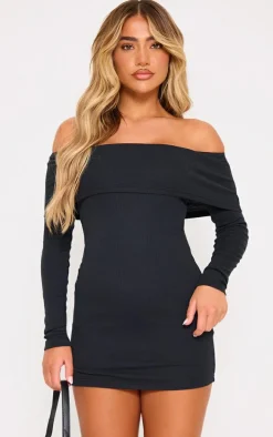 Black Rib Foldover Bardot Bodycon Dress