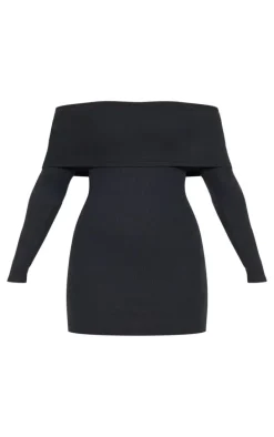 Black Rib Foldover Bardot Bodycon Dress