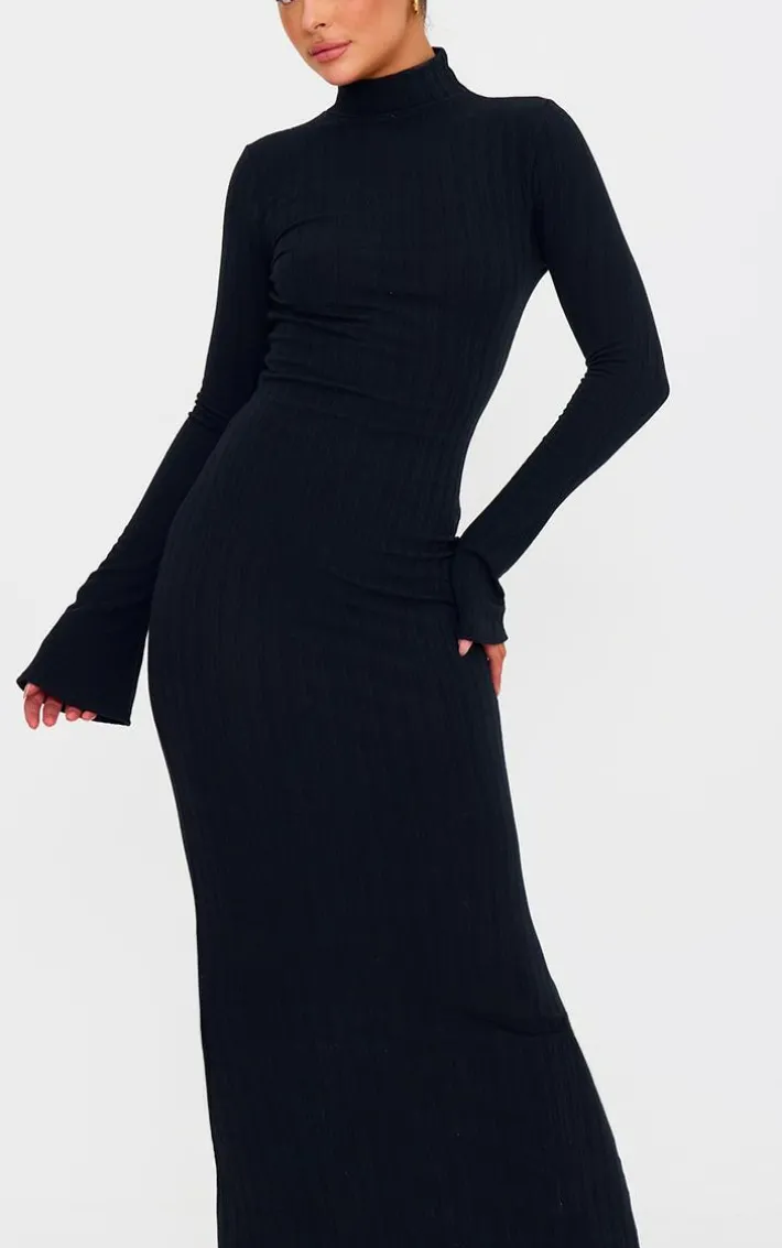 Black Rib High Neck Long Sleeve Maxi Dress