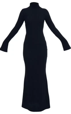 Black Rib High Neck Long Sleeve Maxi Dress