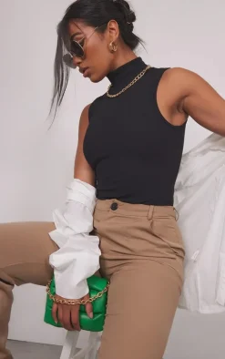 Black Rib High Neck Sleeveless Bodysuit