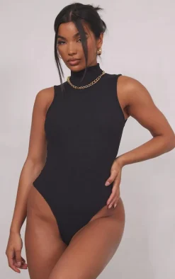 Black Rib High Neck Sleeveless Bodysuit