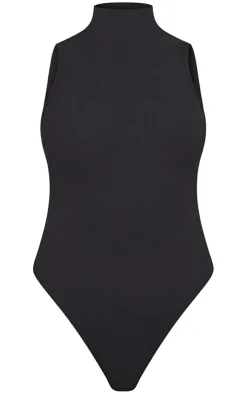Black Rib High Neck Sleeveless Bodysuit