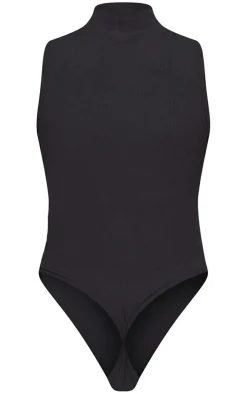 Black Rib High Neck Sleeveless Bodysuit