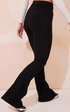 Black Rib High Waist Seam Detail Flared Pants