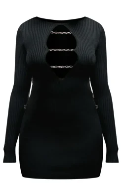 Black Rib Knit Chain Front Mini Dress
