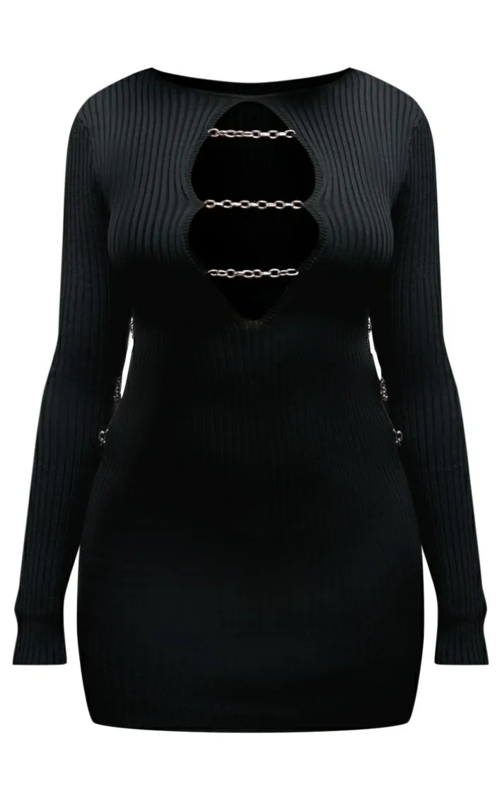 Black Rib Knit Chain Front Mini Dress