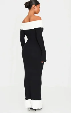 Black Rib Knit Contrast Fur Trim Bardot Maxi Dress