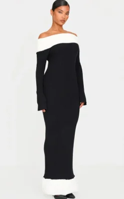 Black Rib Knit Contrast Fur Trim Bardot Maxi Dress