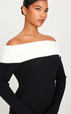 Black Rib Knit Contrast Fur Trim Bardot Maxi Dress