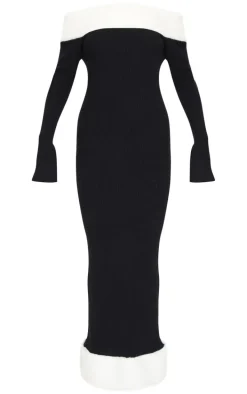 Black Rib Knit Contrast Fur Trim Bardot Maxi Dress