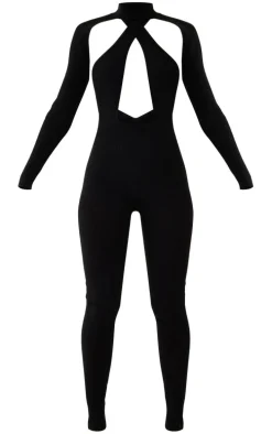 Black Rib Knit Cross Front Jumpsuit & Sleeves