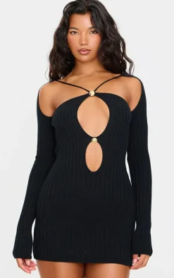 Black Rib Knit Cross Front Gold Trim Mini Dress