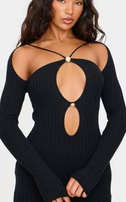 Black Rib Knit Cross Front Gold Trim Mini Dress