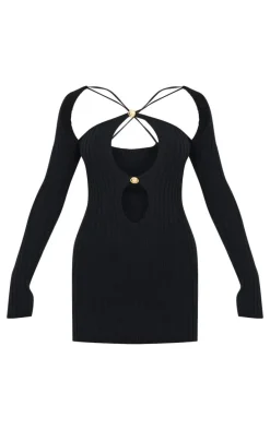 Black Rib Knit Cross Front Gold Trim Mini Dress