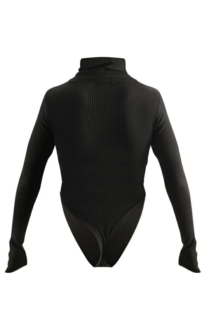 Black Rib Knit Cut Out Front Bodysuit