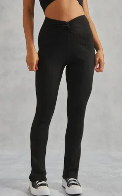 Black Rib Knit Dipped Waist Pants