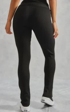 Black Rib Knit Dipped Waist Pants
