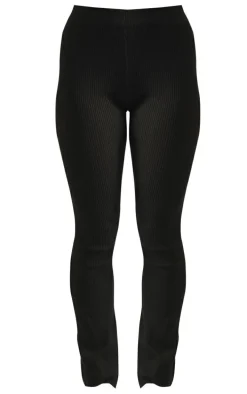 Black Rib Knit Dipped Waist Pants