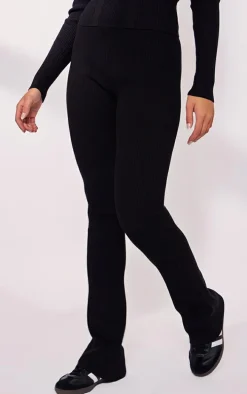 Black Rib Knit Flared Pants