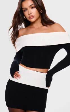 Black Rib Knit Foldover Mini Skirt