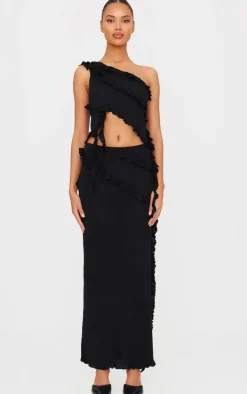 Black Rib Knit Frill Detail Maxi Skirt