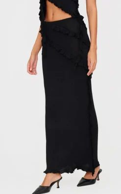 Black Rib Knit Frill Detail Maxi Skirt