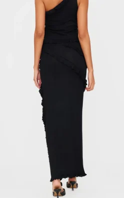 Black Rib Knit Frill Detail Maxi Skirt