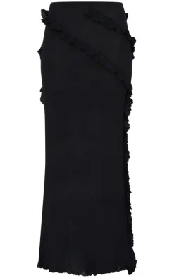Black Rib Knit Frill Detail Maxi Skirt