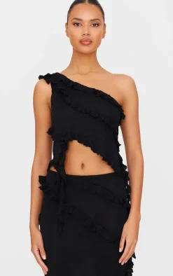 Black Rib Knit Frill Detail Asymmetric Top